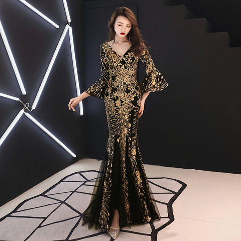 Champagne Evening Dress Gold Sequins Charming Formal Trumpet Party Gown V-neck Flare Sleeve Long Black Mermaid Prom Dresses E063 ► Photo 1/1