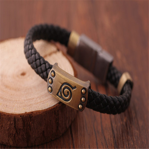 DZ626* Anime Naruto Leaf Mark Brown Knit Vintage Magnetic Wristband Bracelet