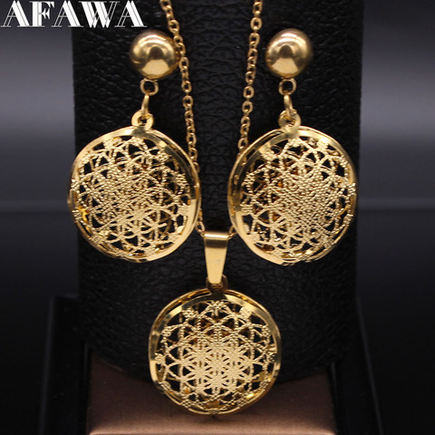 Flower of Life Stainless Steel Jewelry Set Women Hollow  Gold Color Necklace Earrings Set Jewelry set acero inoxidable S1397S01 ► Photo 1/6