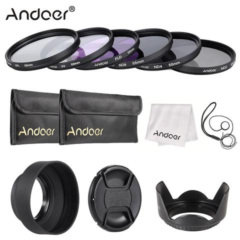 Andoer 49-77mm Lens Filter Kit UV+CPL+FLD+ND(ND2 ND4 ND8) with Carry Pouch/Lens Cap/Lens Cap Holder/Tulip & Rubber Lens Hoods ► Photo 1/6