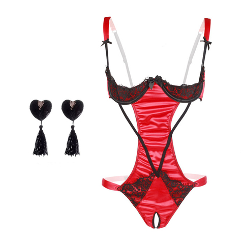 Lace Bow Backless Nightwear Teddy Lenceria Sexi Para Mujer Black Red Women Open Cupless Bra Crotchless Bodysuit Lingerie Sling ► Photo 1/6