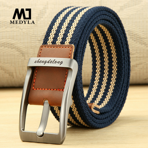 MEDYLA fashion striped men's belt high-quality encrypted canvas hard metal steel buckle belt for men leather closure sports belt ► Photo 1/6
