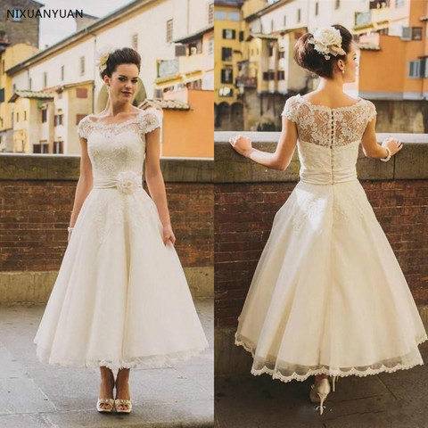 2022 1950s Vintage Ankle Length Wedding Dresses Cap Sleeve Jewel Neck Flower Belt A Line Lace Short Bridal Gowns Custom Made ► Photo 1/2