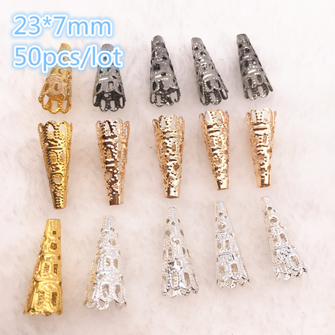 50pcs / lot 23 x7mm Alloy Caps Bead Hollow Out Flower Bugle Filigree Bead End Cap Cone Jewelry Making Components finder ► Photo 1/6