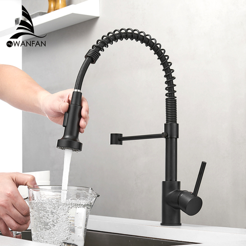 Kitchen Faucets Matte Black Faucets for Kitchen Sink  Single Lever Pull Out Spring Spout Mixers Tap Hot Cold Water Crane 9009 ► Photo 1/6