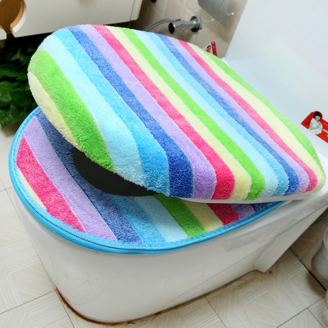 Bathroom Toilet Seat Cover Set Thicken Soft Coral Velvet Rainbow Color Zipper Toilet Case Warm Waterproof WC Potty Cover SWZ024 ► Photo 1/6