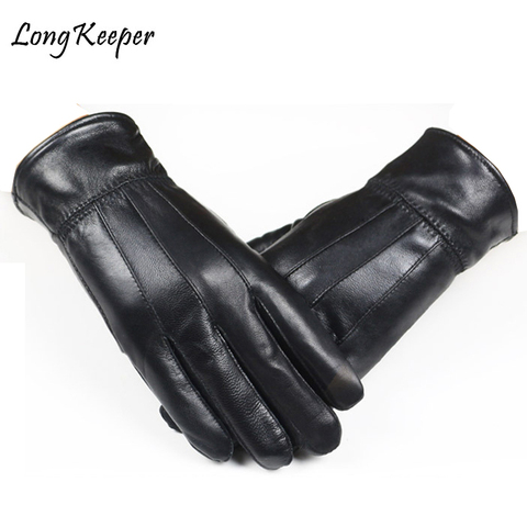 Hot!! Men's Genuine Leather Gloves Real Sheepskin Black Touch Screen Gloves Fashion Luxury Brand Winter Warm Mittens Mens Luvas ► Photo 1/6