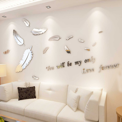 3D Acrylic Mirror Feather Wall Stickers Decal Living Room TV Background Bedroom Wedding Decorative Sticker DIY Wall Art Mural ► Photo 1/6