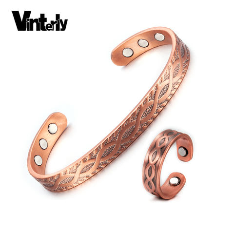 Vinterly Adjustable Cuff Ring Bracelets Bangles Pure Copper Bracelet Ring Women Health Energy Magnetic Jewelry Set for Women Men ► Photo 1/6