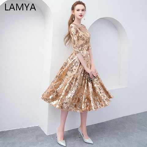LAMYA Cheap Plus Size Gold Sequins Prom Dresses 2022 Half Sleeve Organza Evening Party Gown Knee Length O Neck Rode De Soiree ► Photo 1/6