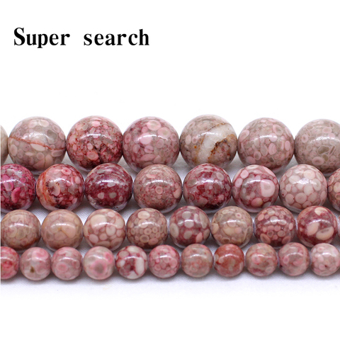 Natural Chrysanthemum Stone Coral Fossils Red Round Loose Beads 15