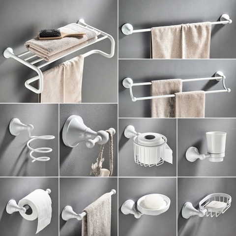 White Bathroom Hardware Accessories Set Brass Shower Soap Dish Hair Dry Holder Towel Rail Bar Robe Hook Toilet Brush Roll Holder ► Photo 1/6
