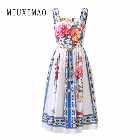 MIUXIMAO 2022 Summer Dress Newest Cute Spaghetti Strap Colorful Vase Print Elegant Knee-Length Dress Women Vestidos ► Photo 1/6