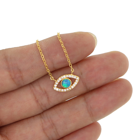 Gold filled 925 sterling silver blue opal evil eye charm necklace ► Photo 1/6