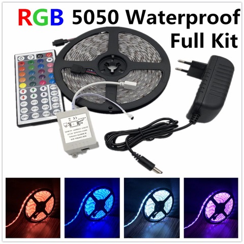 led strip light 5050 RGB tape set waterproof ip65 300led 5m with 44key remote controller 12V power supply adapter color changing ► Photo 1/6