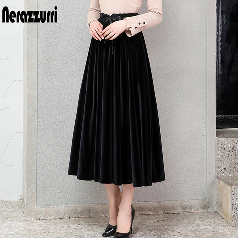 Nerazzurri pleated velvet skirt women black green gothic style elegant long warm high waist midi skirt plus size 4xl 5xl 6xl 7xl ► Photo 1/6