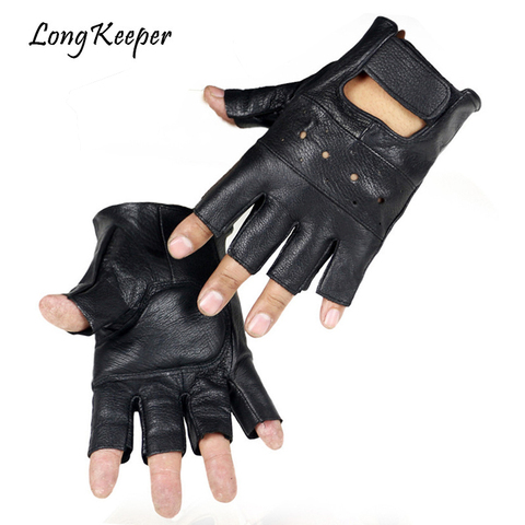 Long Keeper Men Genuine Leather Gloves High Quality Slip-resistant Luvas Half Finger Sheep Leather Fingerless Gloves gants moto ► Photo 1/6