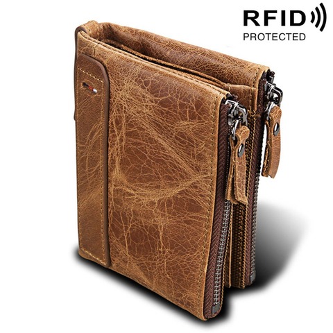  Genuine Cow Leather RFID Men Wallets Double Zipper Short Purses Card Holder Coin Pocket Vintage High Quality Brand Male Wallets ► Photo 1/1