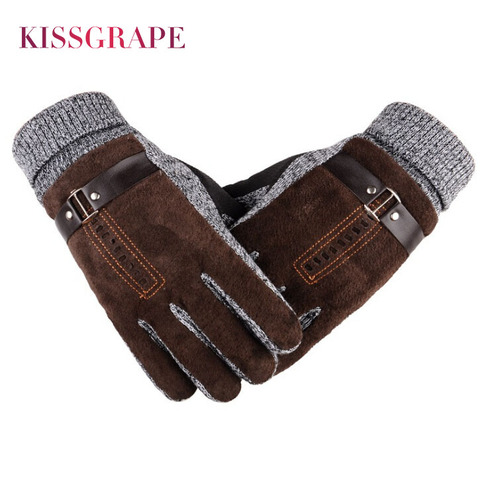 2022 Winter Men's Warm Gloves Genuine Suede Pig Leather Gloves Mittens Male Thick Bike Motorcycle Gloves Men Knitted Guantes ► Photo 1/6