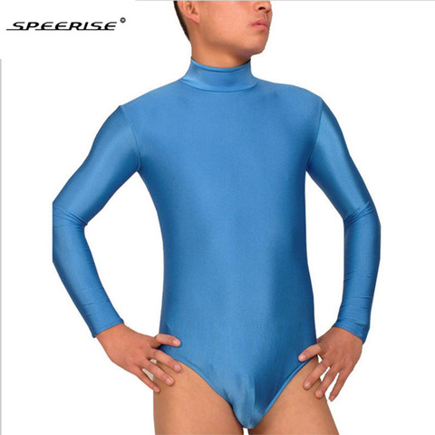 Adult Spandex  Mock Neck Leotard Mens Long Sleeve Short Unitard Bodysuit Dance Costumes Men Zipper Back Body Suit Dancewear ► Photo 1/6