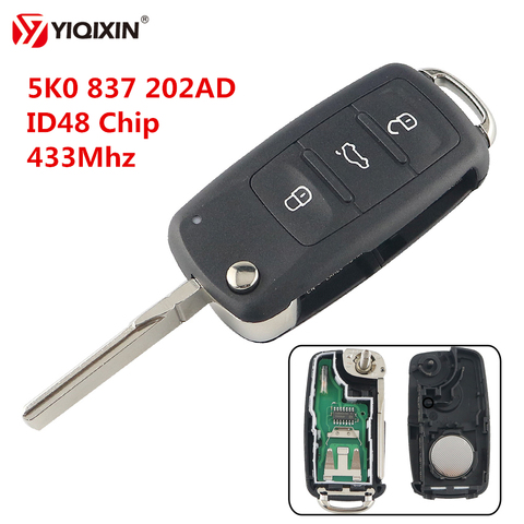 YIQIXIN 5K0 837 202AD 433 ID48 Chip 3 Button Remote Flip Key For VW Volkswagen Beetle Caddy Eos Golf Jetta Polo Scirocco Tiguan ► Photo 1/6