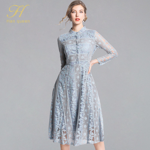 H Han Queen New Arrival 2022 Spring Lace Dress Fashion Vintage Floral Hollow Out Luxury Elegant Slim Women Evening Party Dresses ► Photo 1/6
