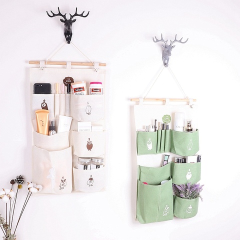 7 Pocket Hanging Storage Bags Cotton Linen Closet Wall Hanging Organizers Mounted Wardrobe Cosmetic Jewelry Storage Basket ► Photo 1/6