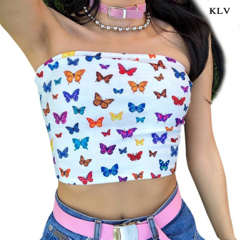 Women Sexy Off Shoulder Strapless Tube Crop Top Multicolor Butterfly Print Slash Neck Bandeau Slim Beach Party Mini Streetwear ► Photo 1/6
