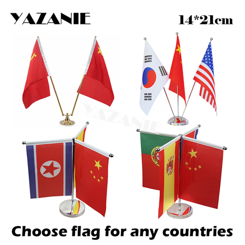 YAZANIE 14*21cm Choose 3 or 4 Countries Table Desk Flag with Stainless Steel Base & Pole Table Flag Stand World Country Flags ► Photo 1/6