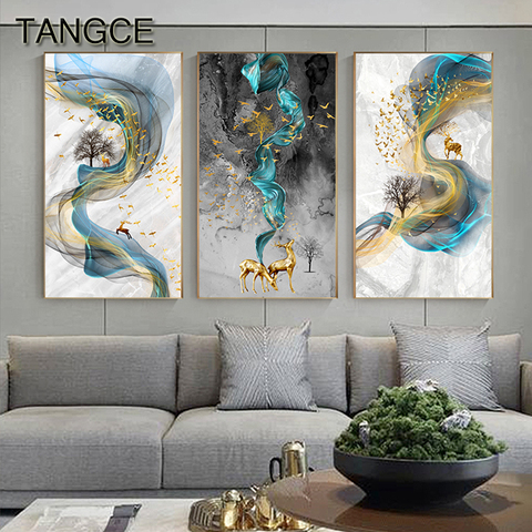 Abstract Golden Deer Paintings Wall Pictures Modern Canvas Painting Blue Poster Print Wall Art For Living Room Bedroom Nordic ► Photo 1/6
