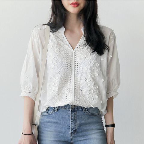 BETHQUENOY Embroidery Blouse White Shirts Women Clothes Plus Size Cotton Tops Camisas Blusas Mujer De Moda 2022 Chemisier Femme ► Photo 1/6