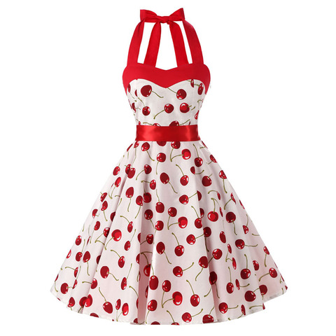 Women Red Cherry Party Dress Vintage 50s Rockabilly Hepburn Dress 2022 Elegant Summer Strapless Swing Retro Halter Pin up Dress ► Photo 1/6