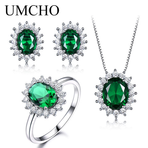 UMCHO 925 Sterling Silver Jewelry Set Nano Green Emerald Ring Pendant Stud Earrings For Women Brand Fine Jewelry Top Quality ► Photo 1/6