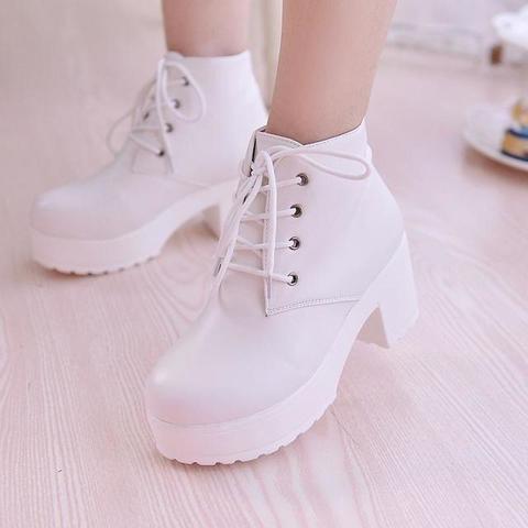 YEELOCA 2022 Women's Single Boots New Horse Boots Square Heel Round Toe Spring High Heel Boots Lace-Up Plus Size 35-45 ► Photo 1/6