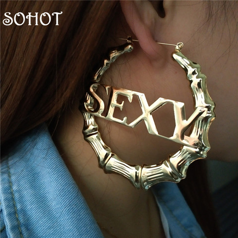 SOHOT Punk Style Bamboo Hoop Earrings Charm Gold Silver Color Letter Sexy Sign Basketball Wives Major Jewelry For Summer Party ► Photo 1/6