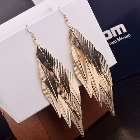 Baroque Vintage Leaf Drop Long Earrings Willow Fringed Tassel Gold Color Earrings for woman Fashion Pendientes Mujer Jewelry ► Photo 1/6