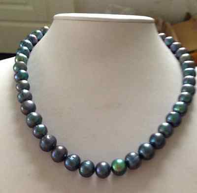 stunning 9-10mm tahitian round black green multicolor pearl necklace 18inch 14k ► Photo 1/1