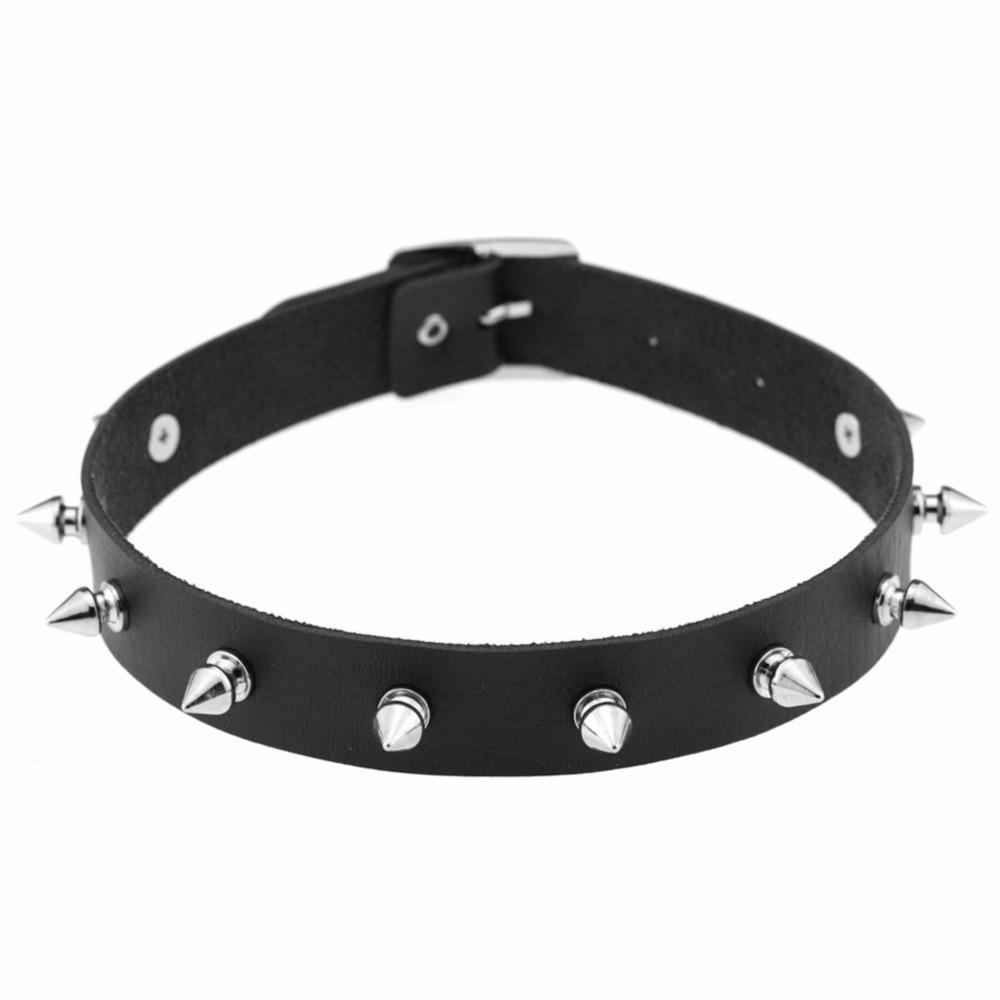 Metal spike choker goth pu leather punk choker necklace for women
