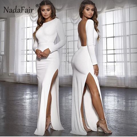 Nadafair Backless Sexy Party Dress Vestidos Long Sleeve High Side Split Bodycon Maxi Dress Women White Black Elegant Long Dress ► Photo 1/6