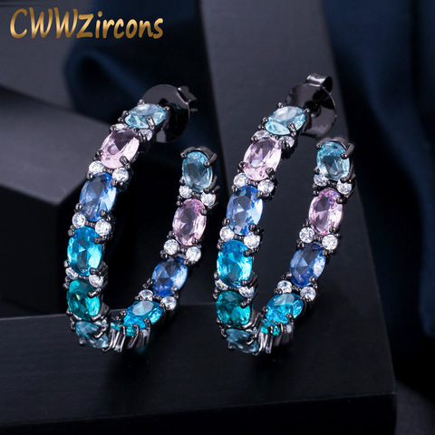 CWWZircons Big Circle Round Black Gold Multi Color Blue Cubic Zirconia Crystal Women Hoop Earrings Luxury CZ Jewelry Gift CZ580 ► Photo 1/6