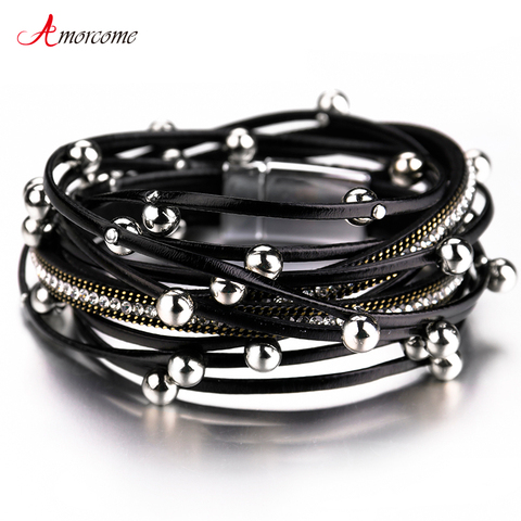 Amorcome Multilayer Leather Bracelets For Women 2022 Trendy Design 4 Colors Beads Charm Double Wrap Bracelets & Bangles Jewelry ► Photo 1/6