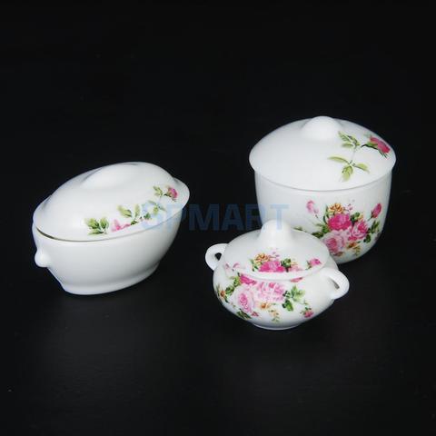 3pcs Doll House Kitchen Miniature Casserole Pot Bowl Lid with Floral Pattern ► Photo 1/6