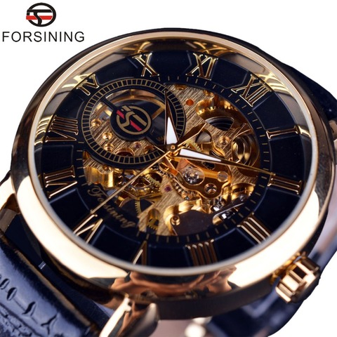 Forsining Men Watches Top Brand Luxury Mechanical Skeleton Watch Black Golden 3D Literal Design Roman Number Black Dial Designer ► Photo 1/6