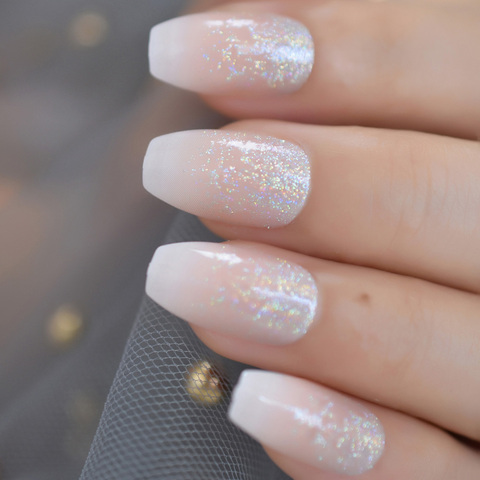 Holo Glitter Pink Nude French Ballerina Coffin False Nails Gradient Natural Press on Fake Nails Tips Daily Office Finger Wear ► Photo 1/6
