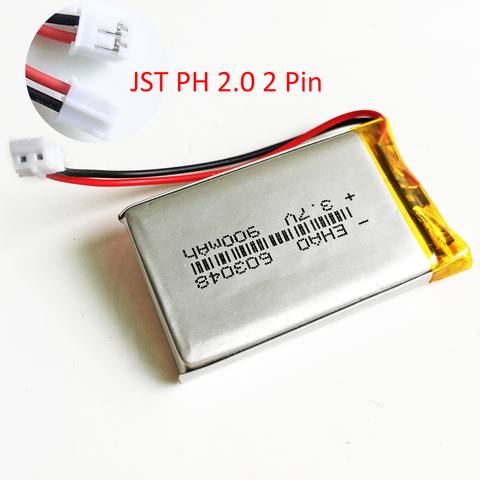 3.7V 900mAh LiPo Lithium Polymer Rechargeable Battery JST PH 2.0mm 2pin connector 603048 For Mp3 GPS bluetooth camera speaker ► Photo 1/3