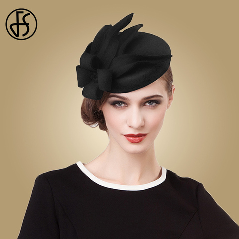 FS Fascinators For Women Elegant Flower Black Pillbox Hat Wool Felt Hats Vintage Wedding Dress Fedoras Church Ladies Formal Caps ► Photo 1/6