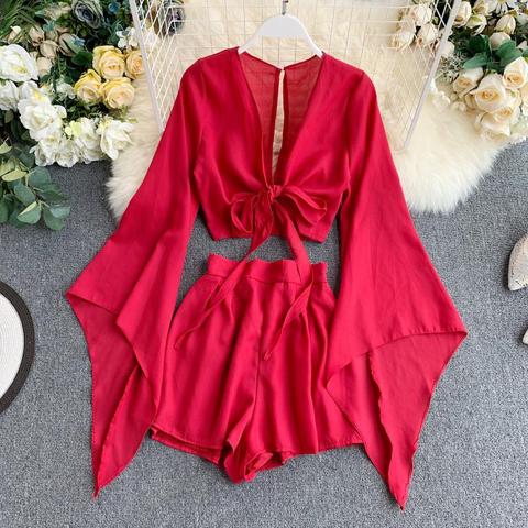 2022 New Summer 2 Piece Outfits For Women Flare Sleeve Crop Top + Broad-legged Shorts Fashion Ladies Sexy Solid Chiffon Suit Set ► Photo 1/5