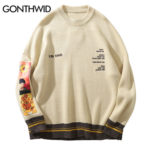 GONTHWID Van Gogh Sleeve Patchwork Pullover Knit Sweater 2022 Mens Hip Hop Embroidery Crewneck Knitwear Sweaters Streetwear Tops ► Photo 1/6