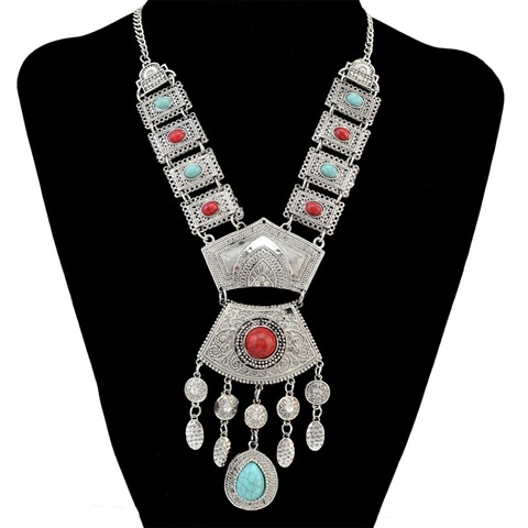 Afghan Vintage Silver Color Necklaces Inlay Crystal Beads Geometric Shape Carved Tassel Pendant Necklaces for Boho Gypsy Turkish ► Photo 1/6
