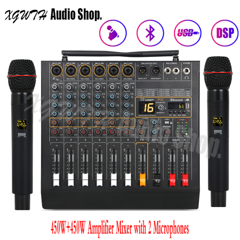 6 Channel 16 DSP Digital Effect Power Amplifier Studio Audio Mixer Bluetooth USB Mixing Console 2 Handheld Wireless Microphone ► Photo 1/1